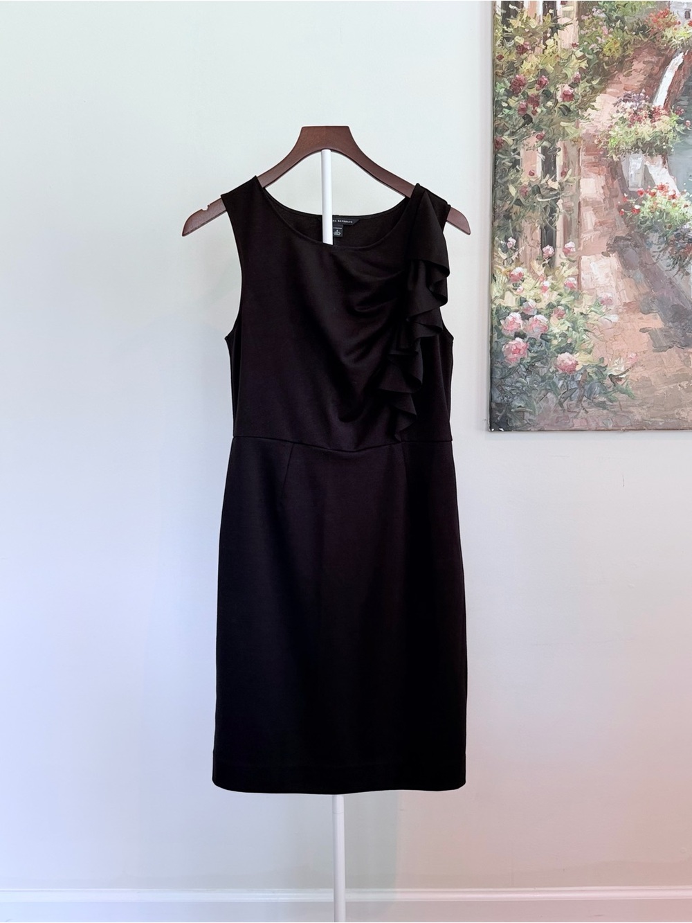 Black Sleeveless Sheath Dress Ruffle Detail Little Black Dress Cocktail Size 6